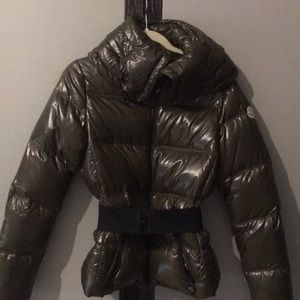 Moncler belted khaki green puffer